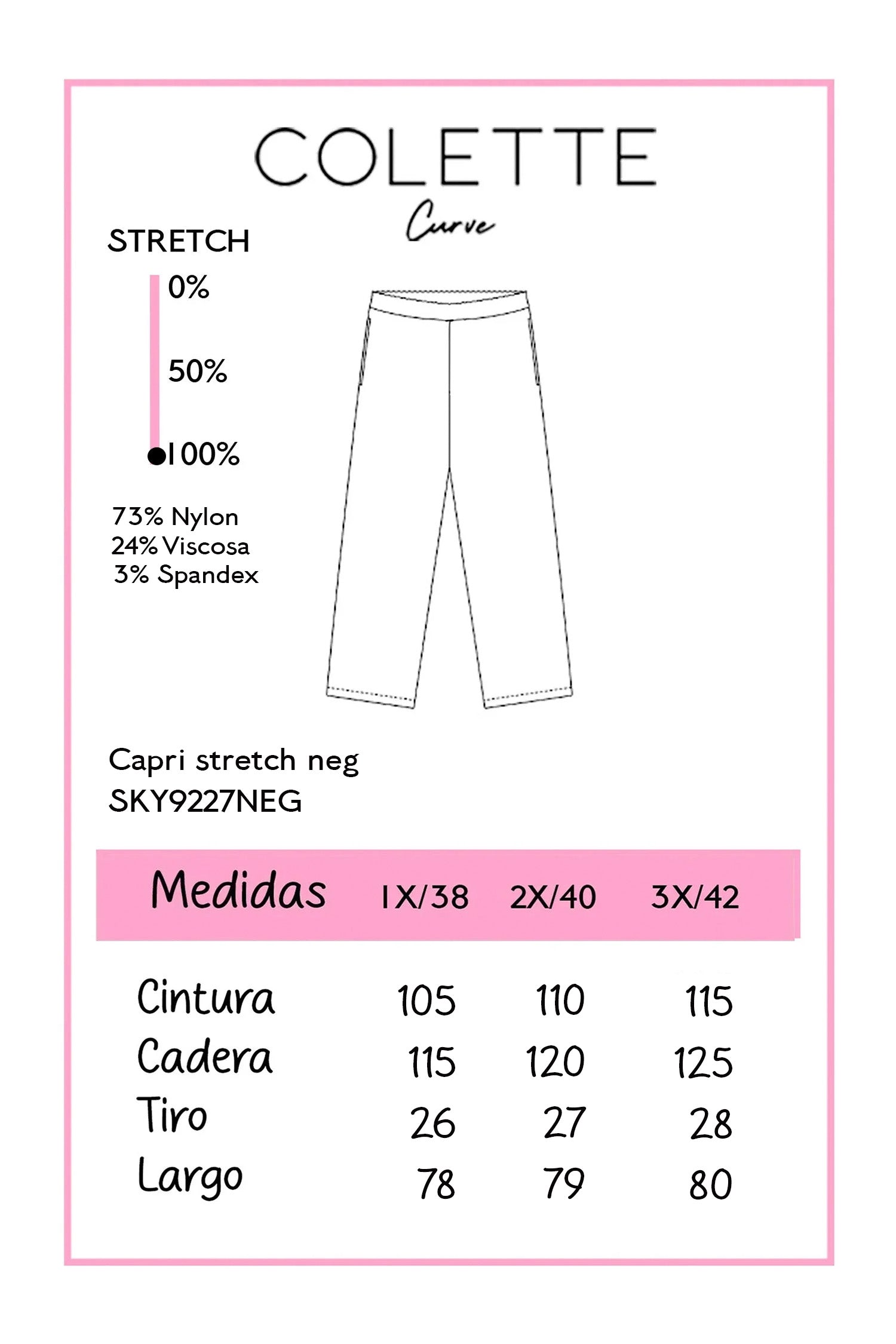 Pantalon Capri Curvy Stretch Ajustado Cintura Alta Negro