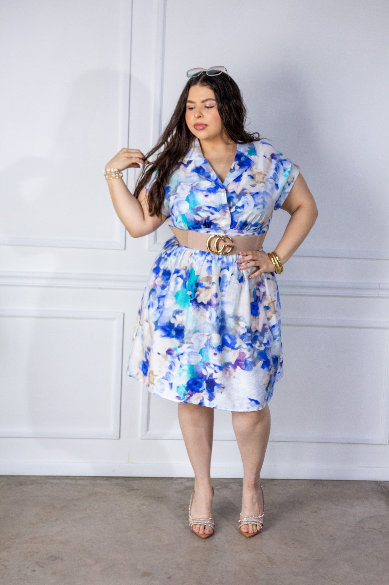 Vestido Curvy Midi Camisero Floral Acuarela Azul Cobalto