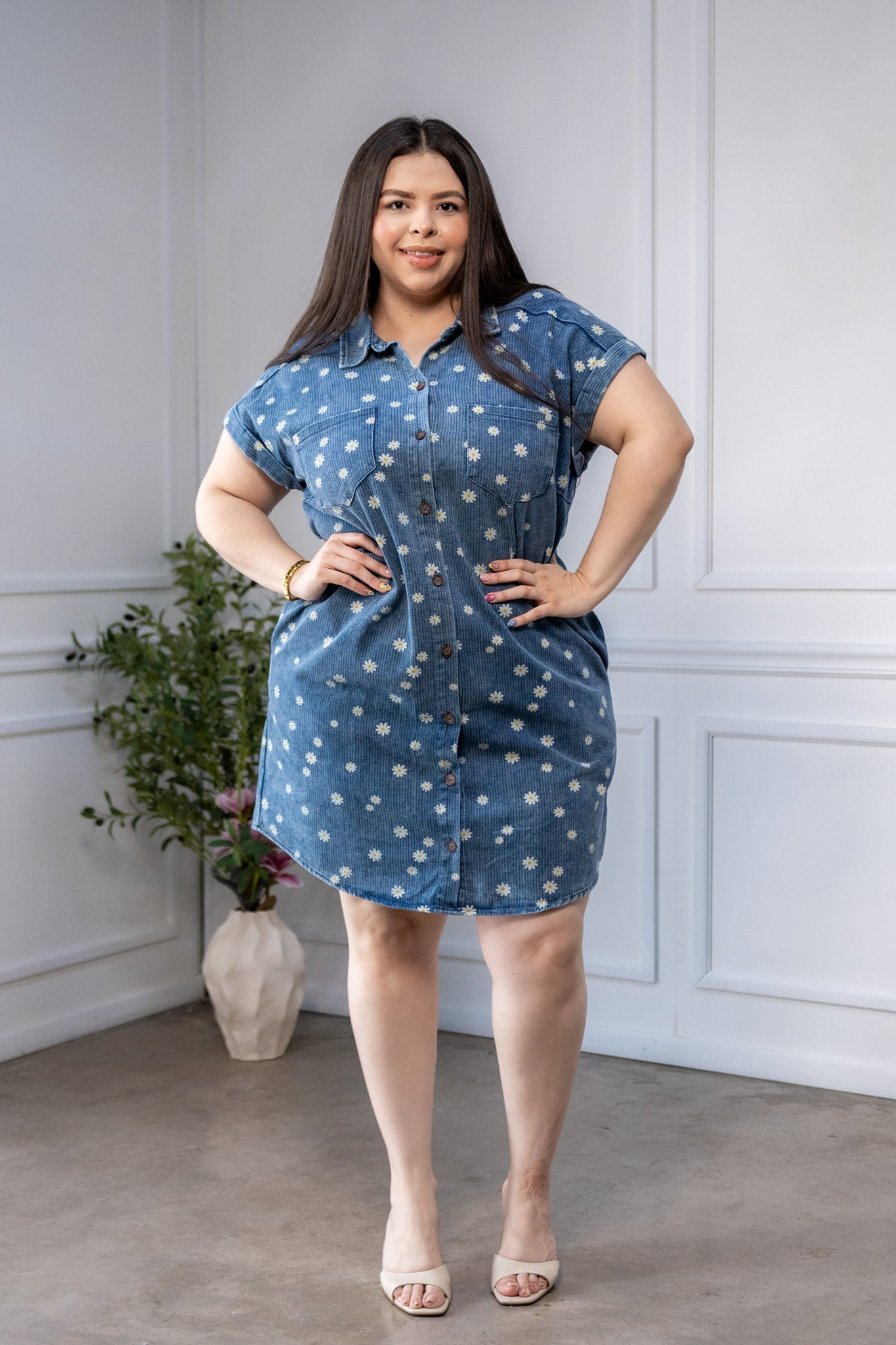 Vestido Curvy Denim Print Margaritas Camisero Azul