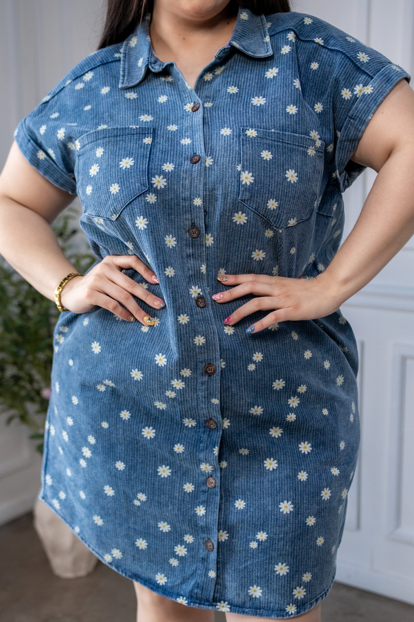 Vestido Curvy Denim Print Margaritas Camisero Azul