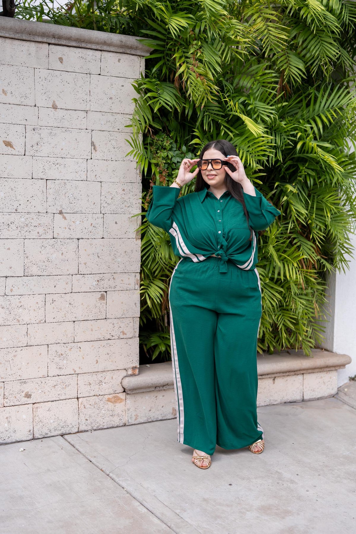 Set Camisa y Pantalón Rayas Verticales Curvy Verde