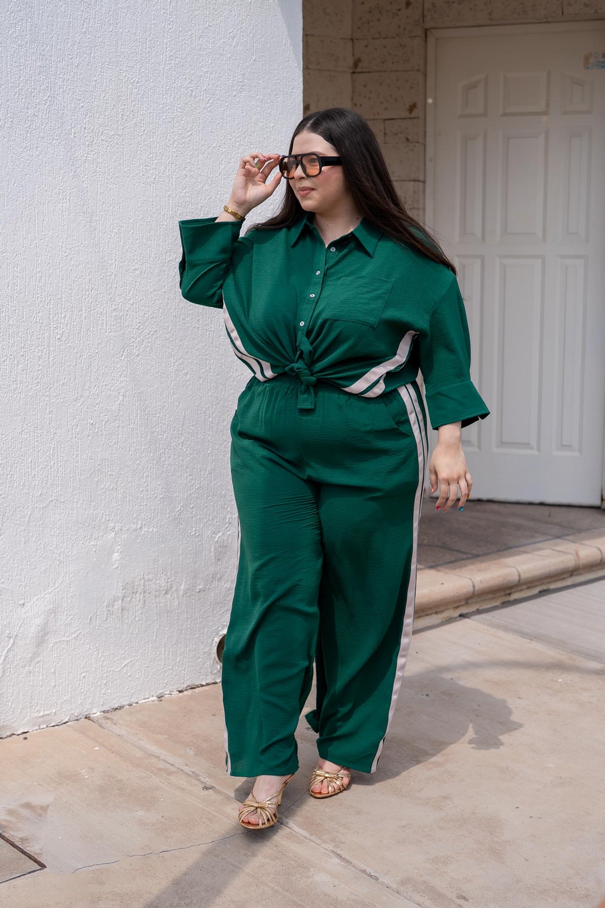 Set Camisa y Pantalón Rayas Verticales Curvy Verde