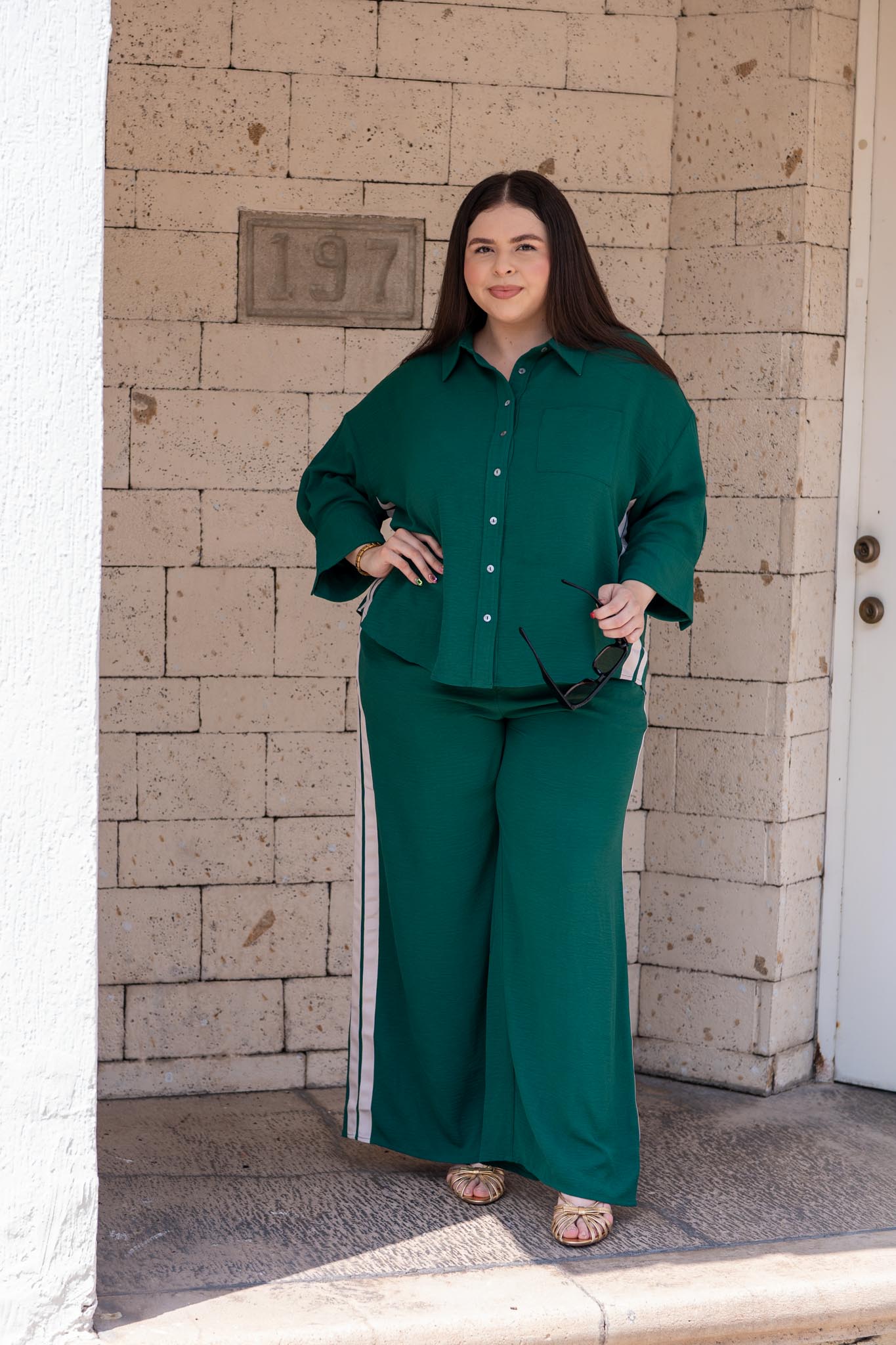 Set Camisa y Pantalón Rayas Verticales Curvy Verde