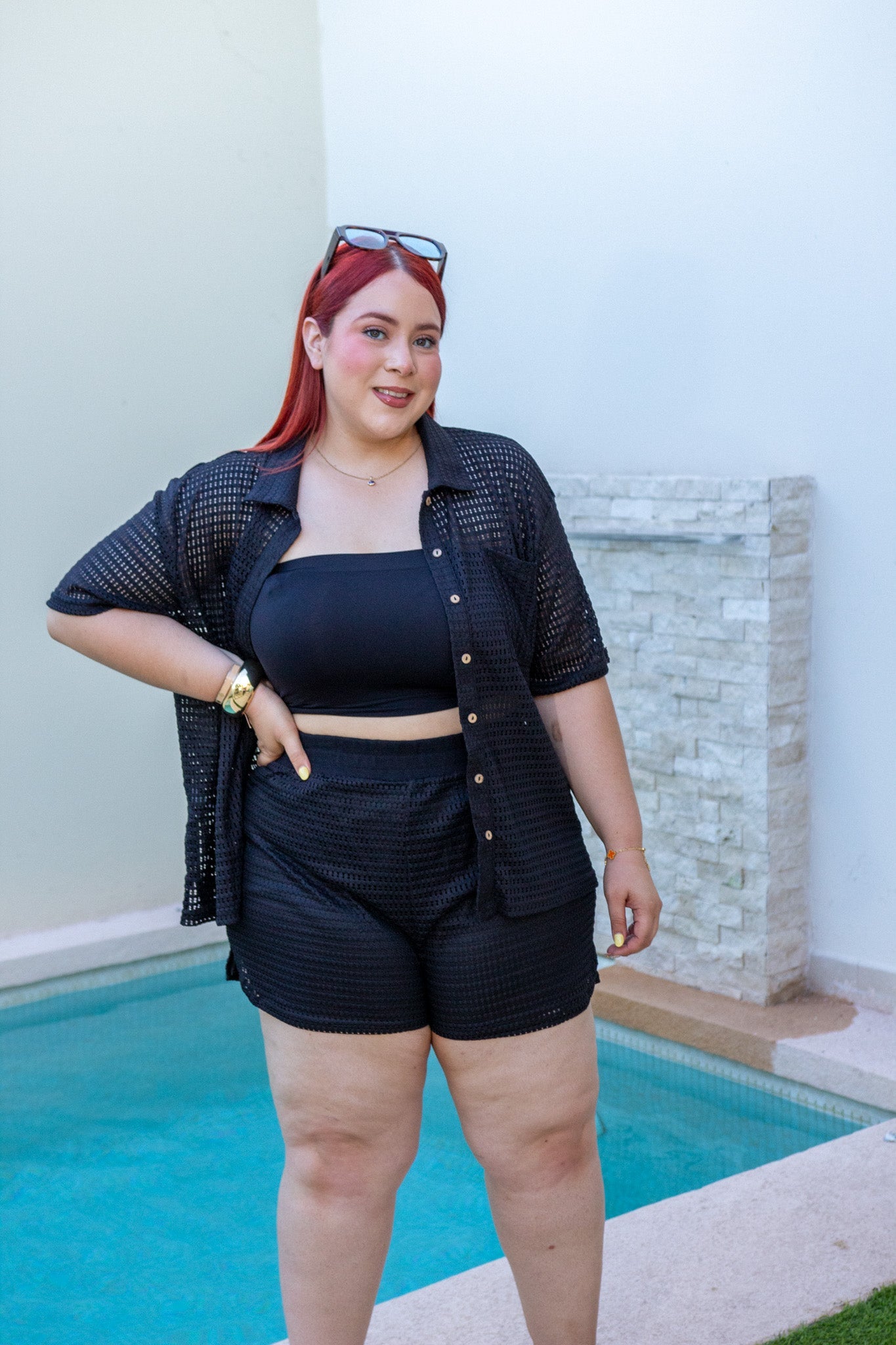 Set Curvy Cover Up Camisa y Short Crochet Calado Negro