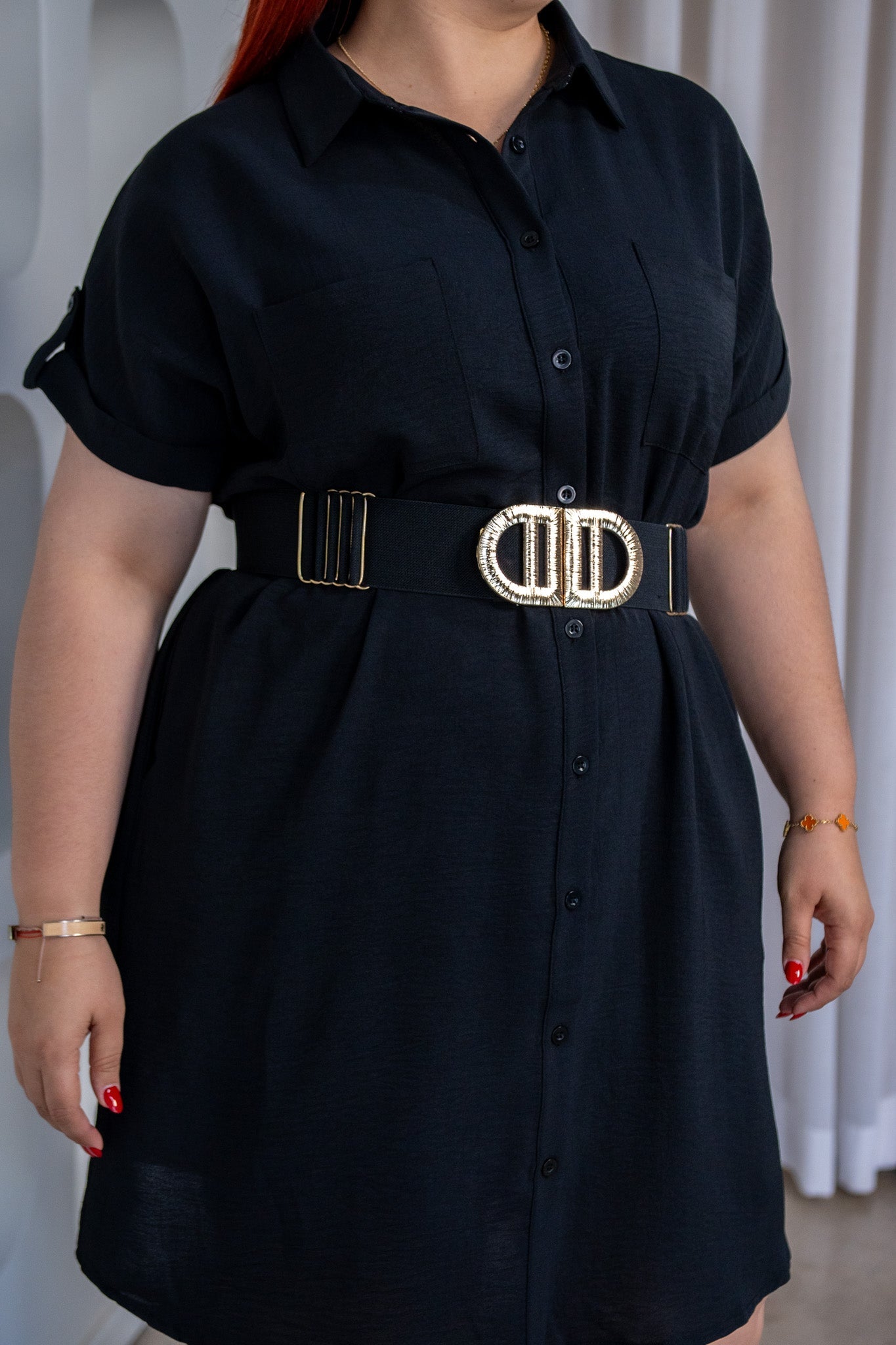 Vestido Corto Curvy Camisero Manga Corta Negro