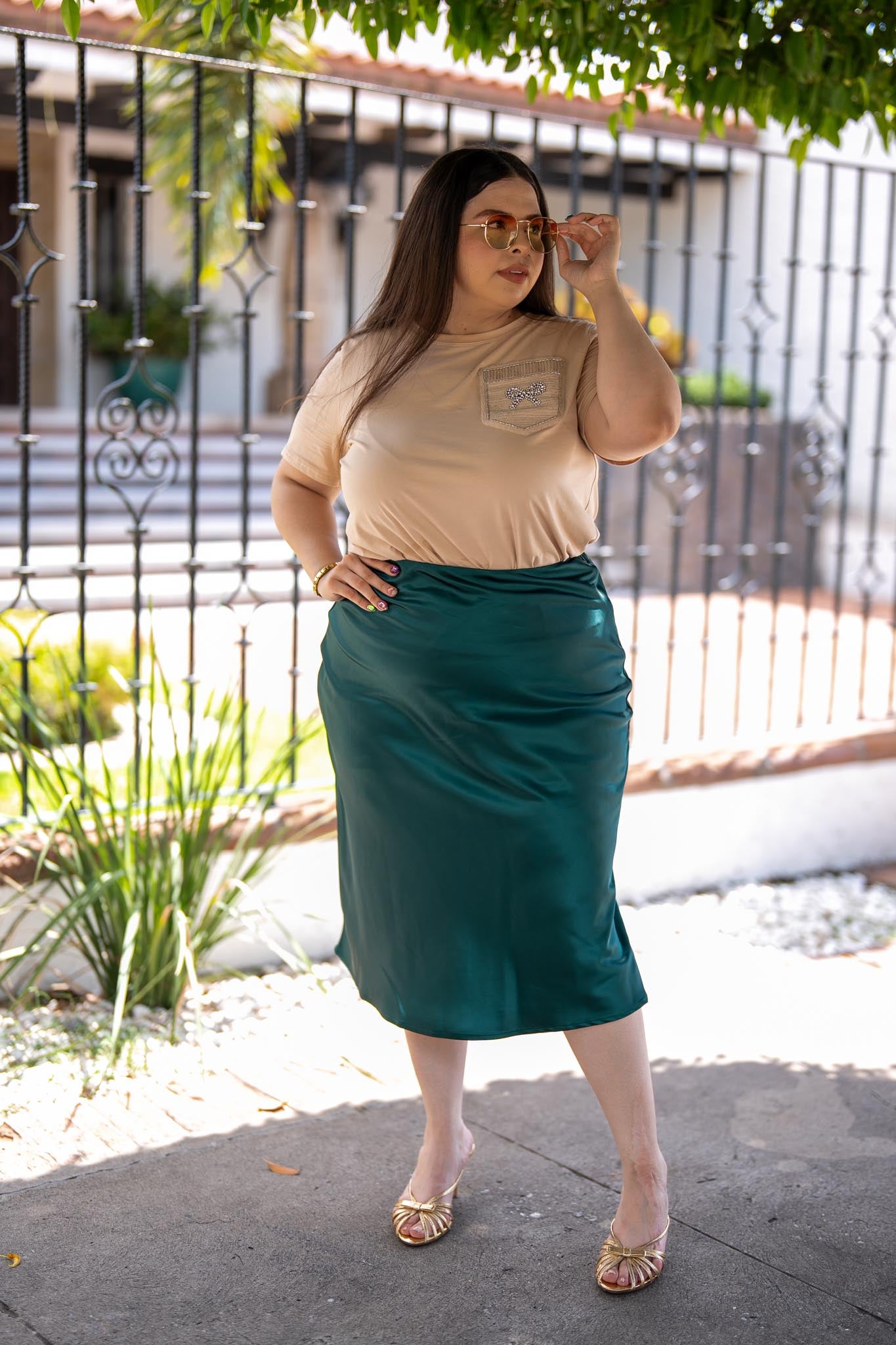 Falda Midi Satín Lisa Curvy Verde Olivo