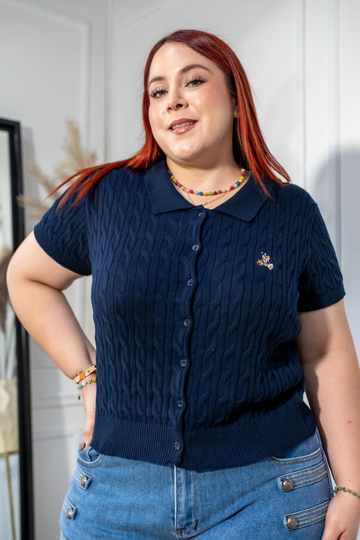 Camisa Curvy Tejido Trenzado Botones Navy