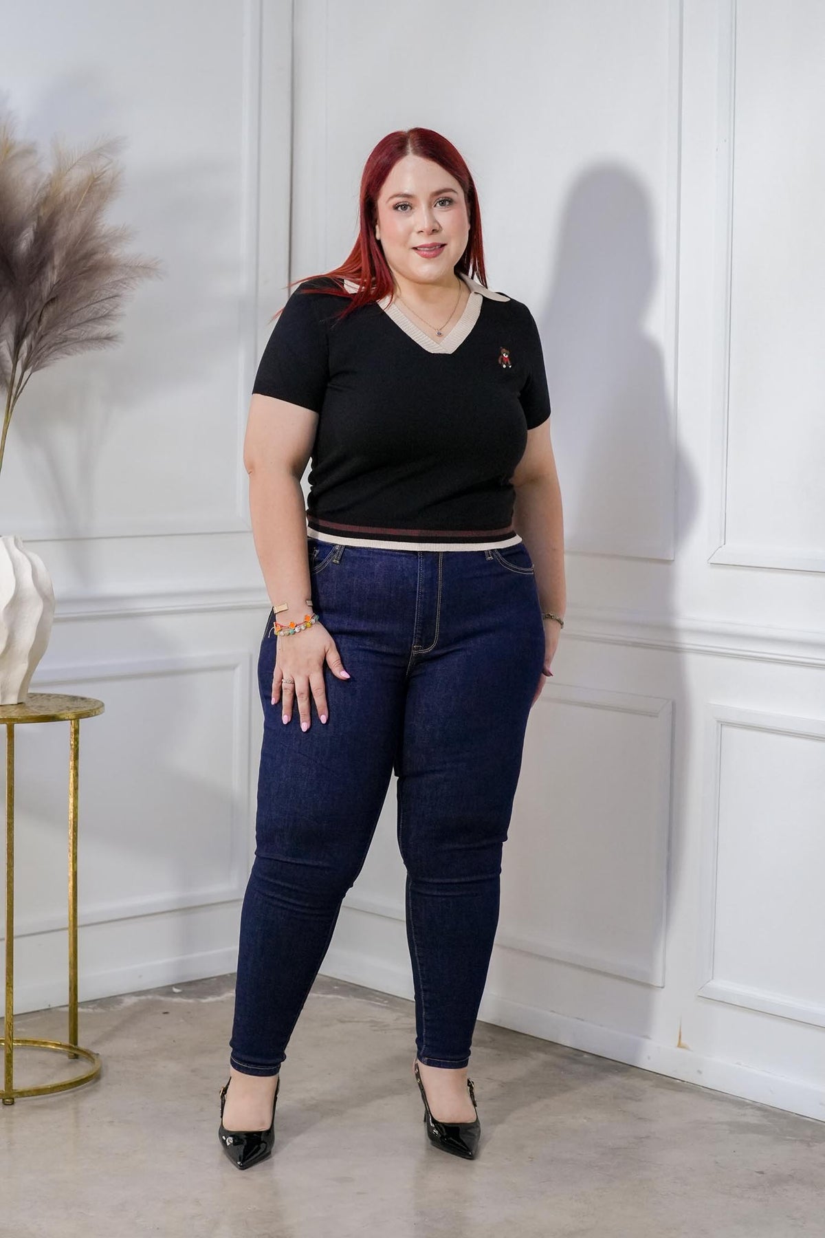 Blusa Curvy Punto Cuello Polo Contraste Negro
