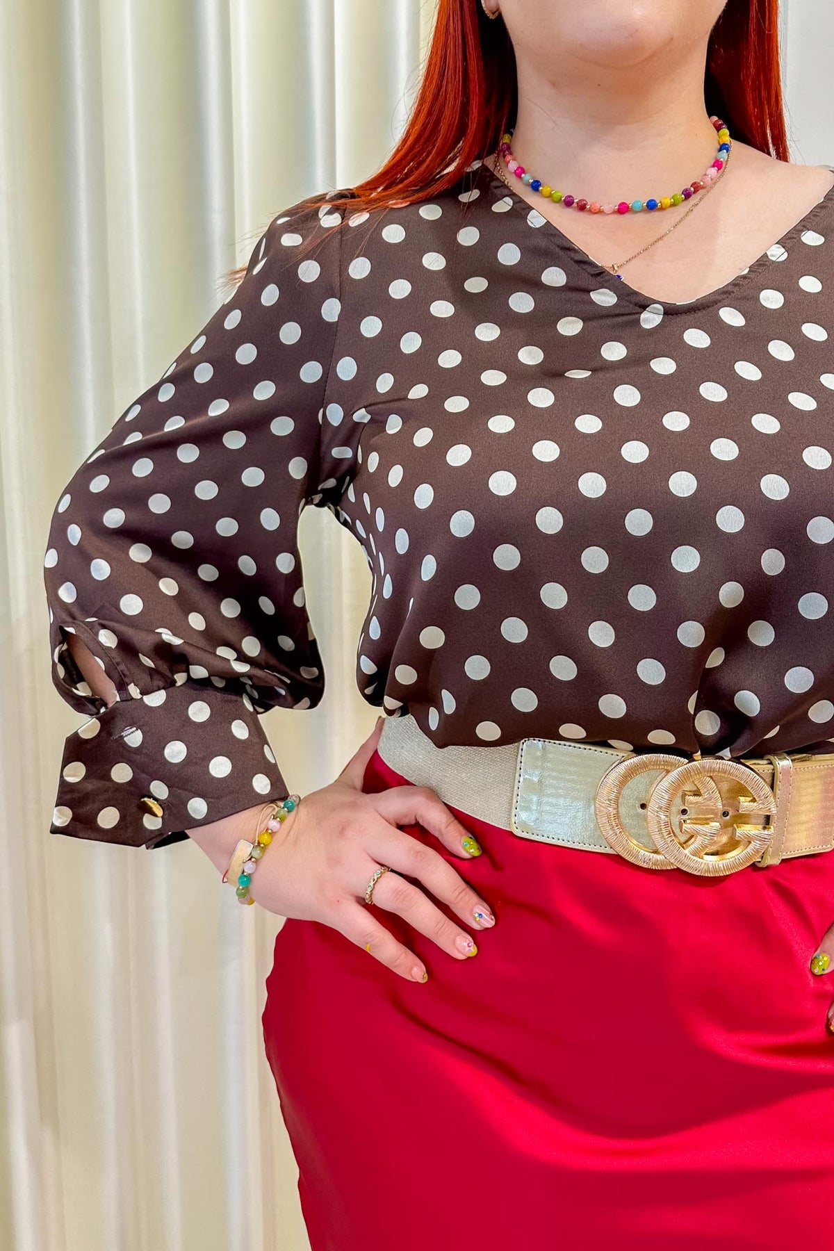 Blusa Curvy Satín Polka Manga Globo Moka
