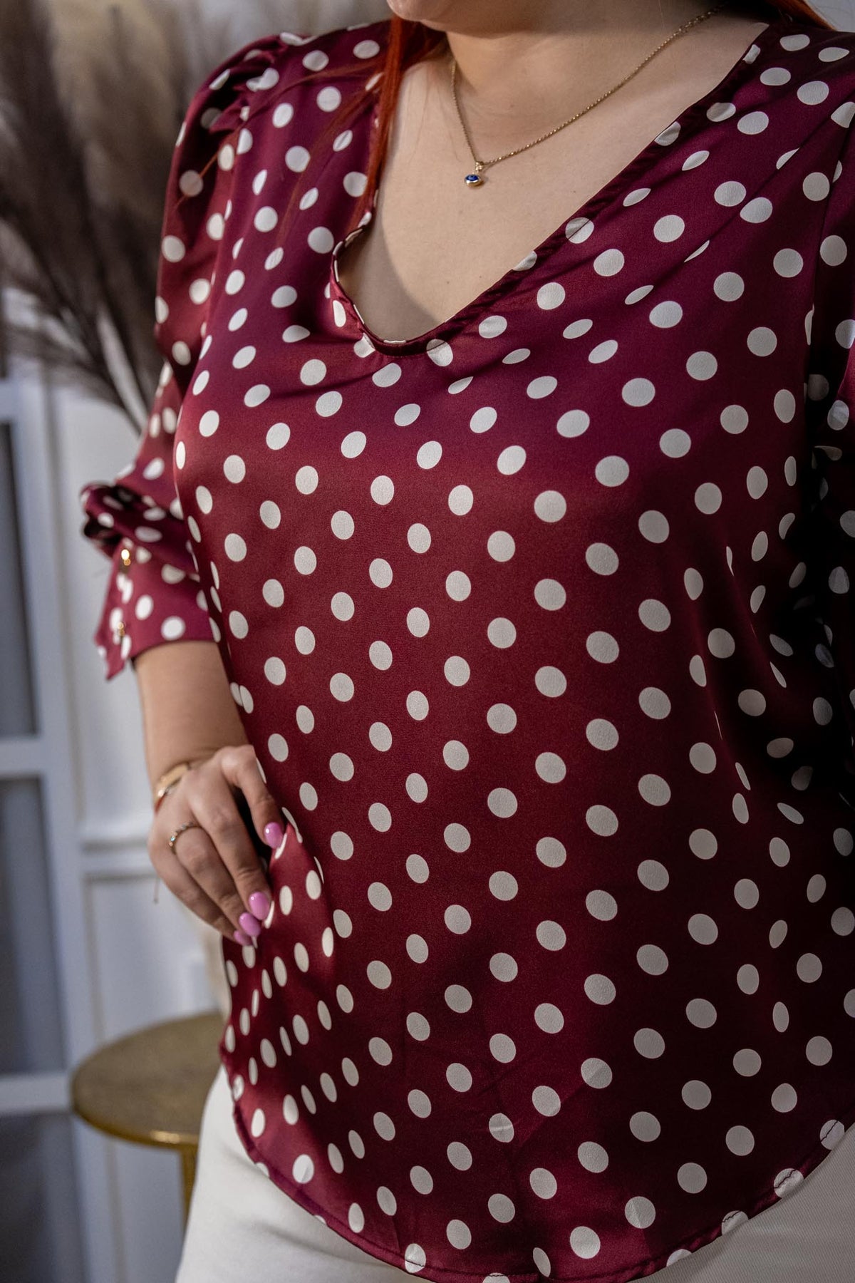 Blusa Curvy Satín Polka Escote V Manga 3/4 Tinto