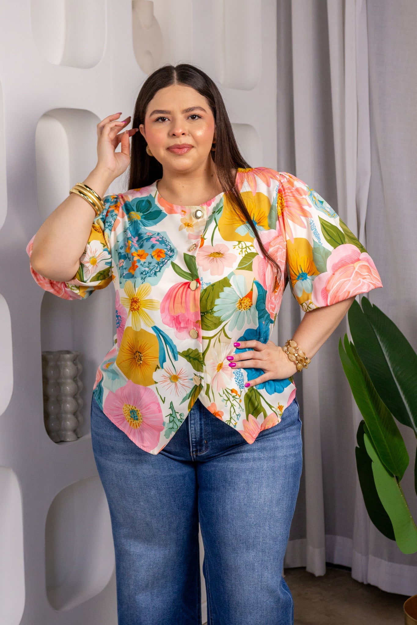 Blusa floral m/globo blanca - 4