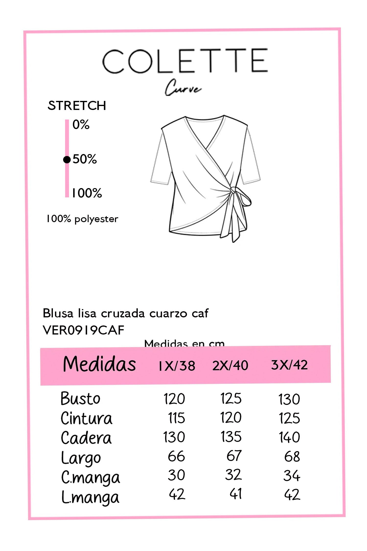 Blusa Curvy Cruzada Manga 3/4 con Cuarzo y Lazo Cafe Chocolate
