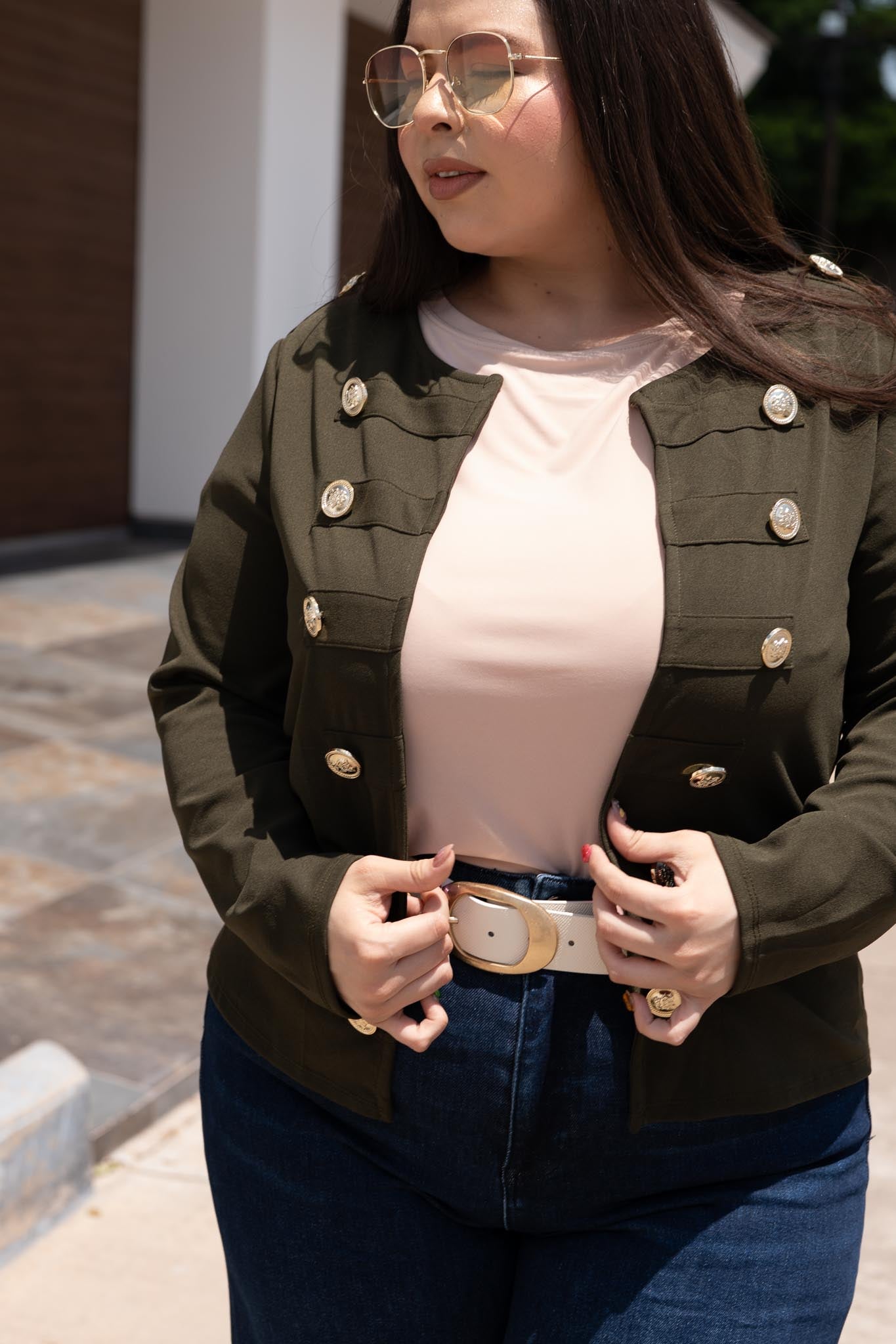 Blazer Jacket Cropped Doble Botonadura Militar Curvy Olivo
