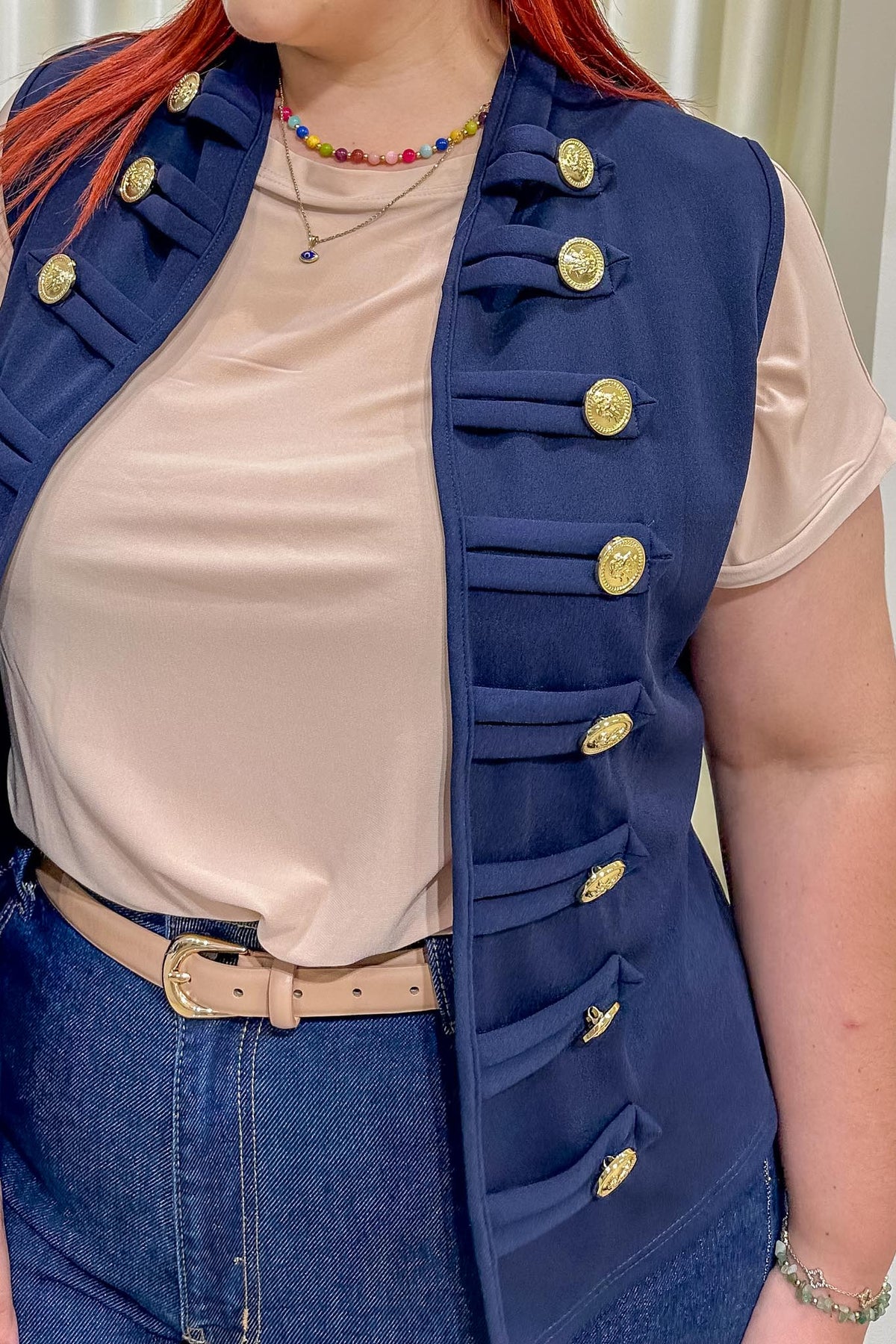 Chaleco Curvy Largo Botones Dorados Navy