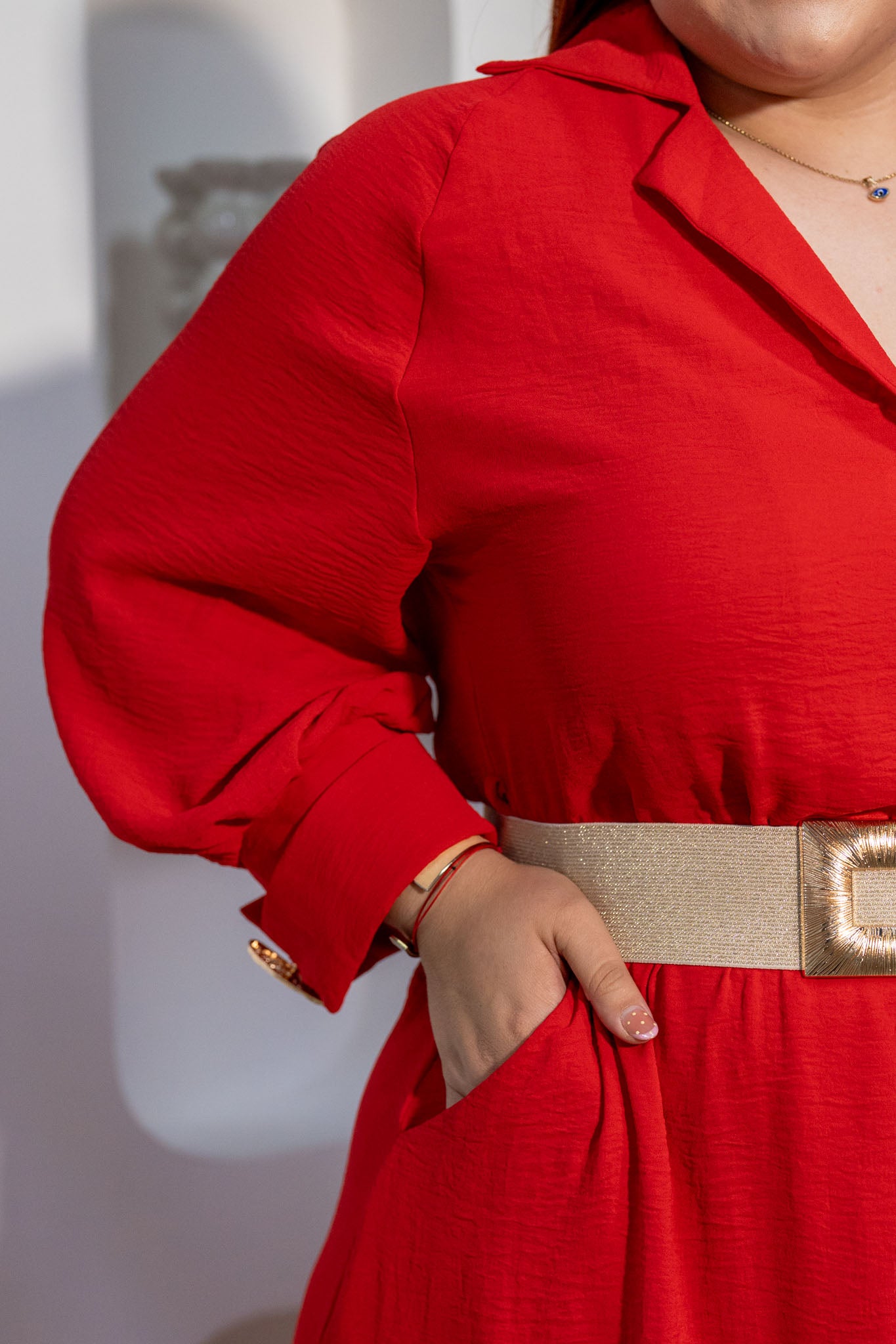Vestido Midi Camisero con Cinto Curvy Rojo