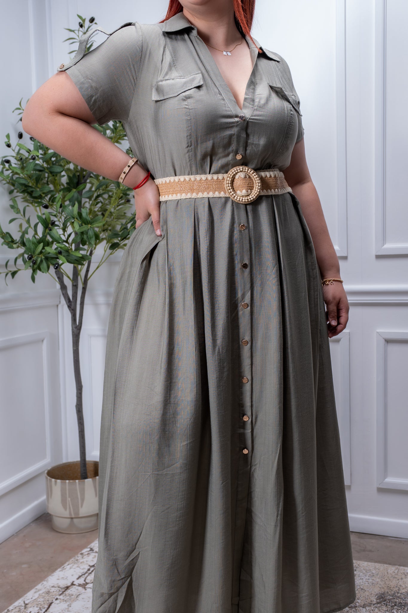 Maxi vestido camisero c/cinto verde y cafe