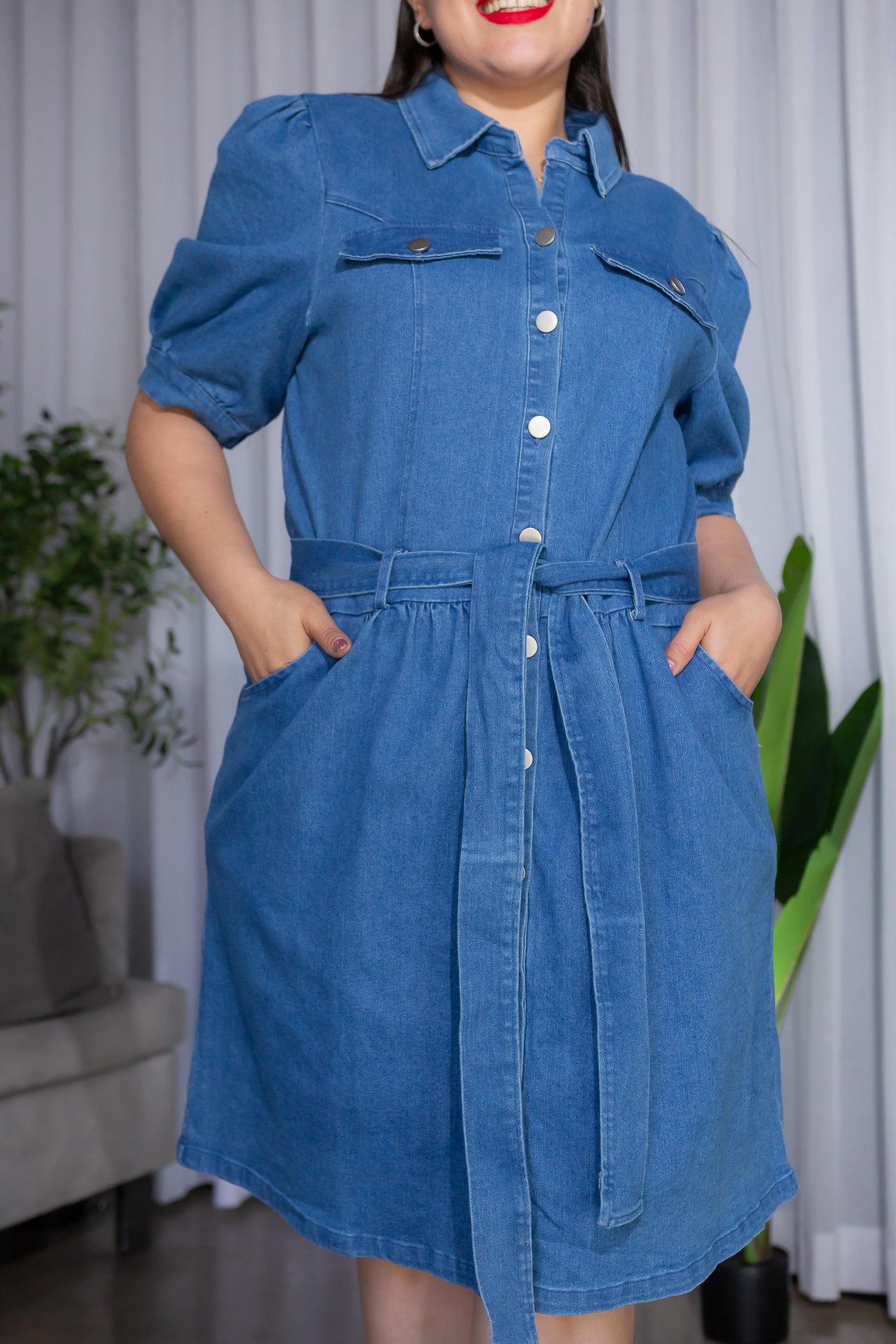 Vestido Denim con Manga Abullonada y Cinturón