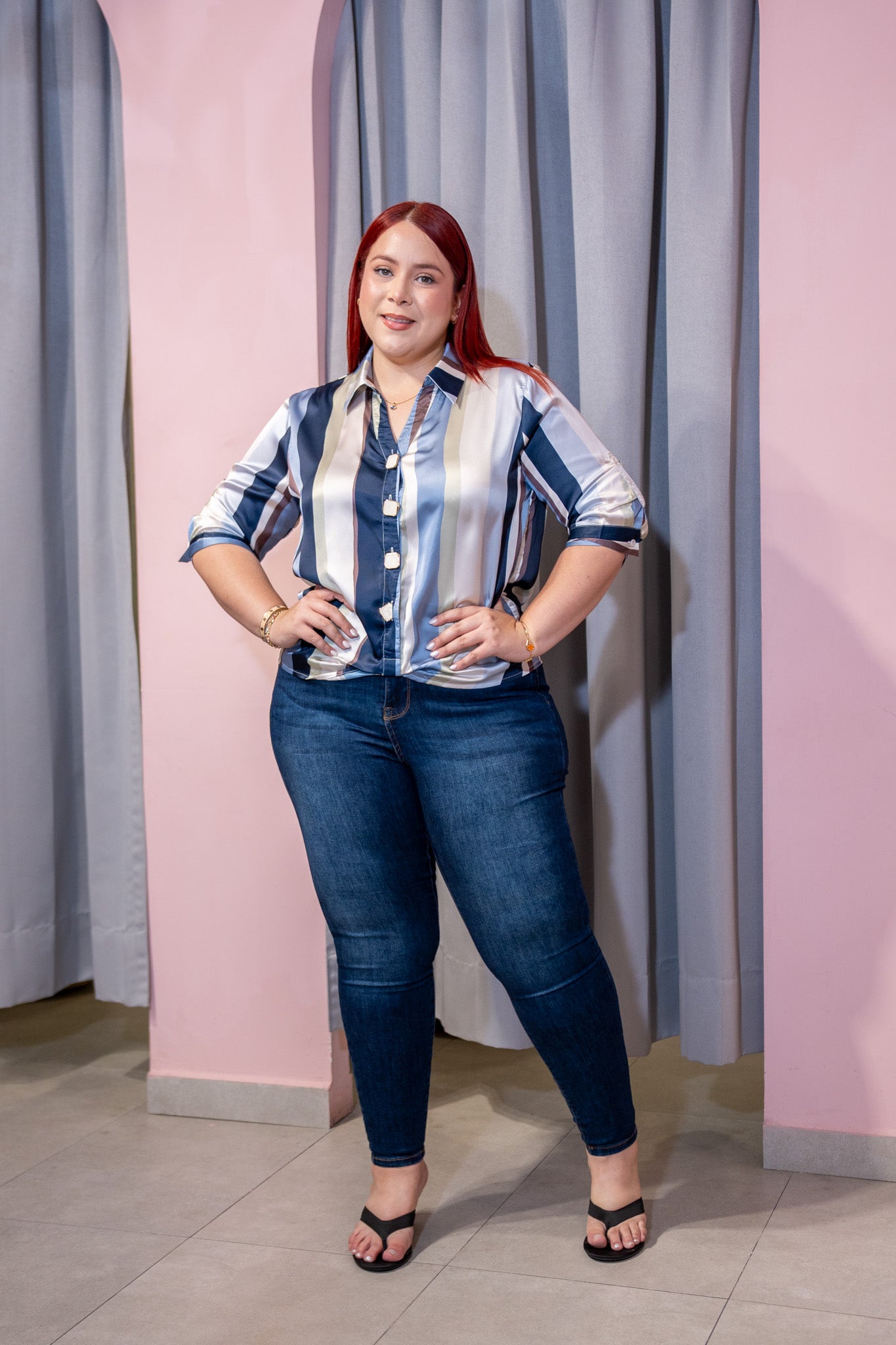 Jeans Skinny Curvy Cintura Alta Stretch Liso Azul Denim Oscuro