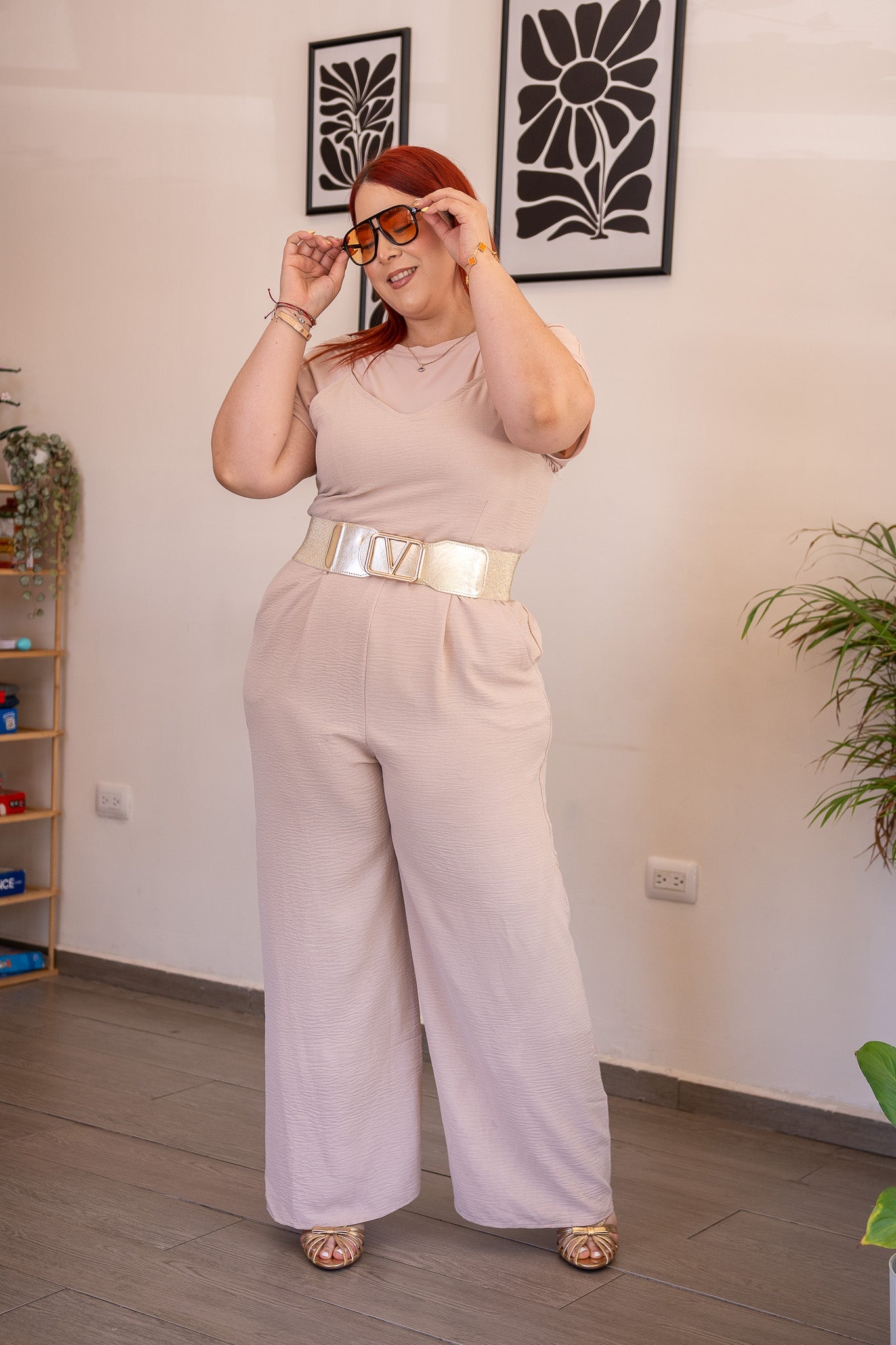 Pantalón Palazzo Curvy Crepé Cintura Elástica Wide Leg Nude