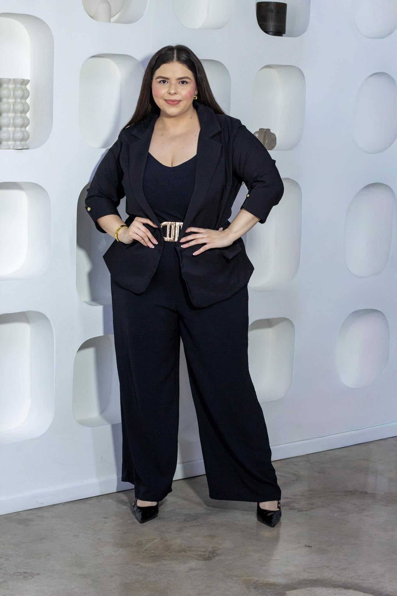 Palazzo liso negro curvy con strech