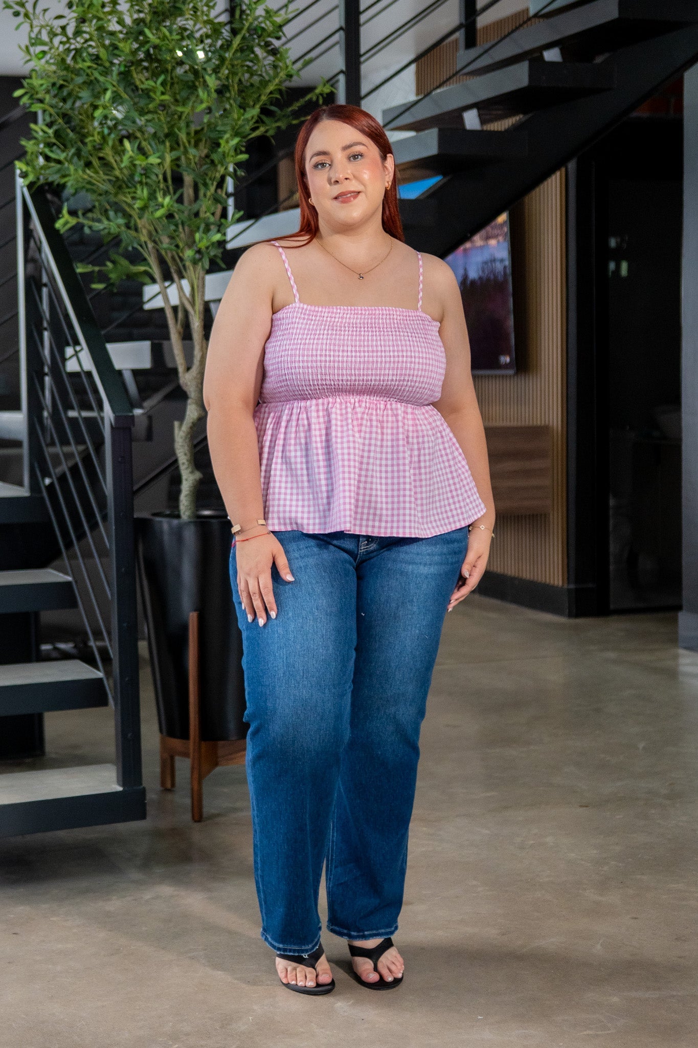 Blusa Curvy Tirantes Print Cuadros Rosa