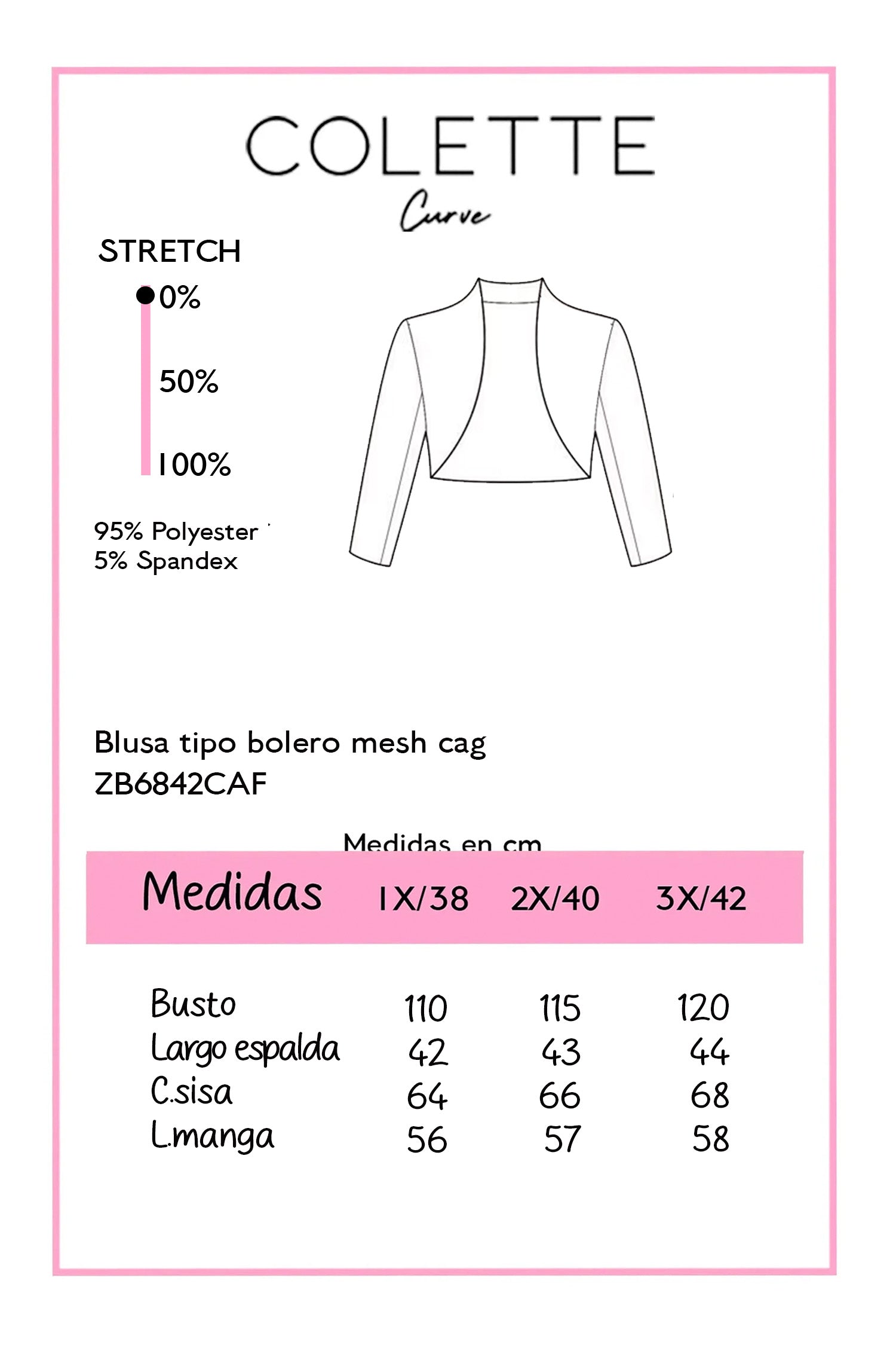 Chart de medidas Blusa Curvy Tipo Bolero Mesh Cafe