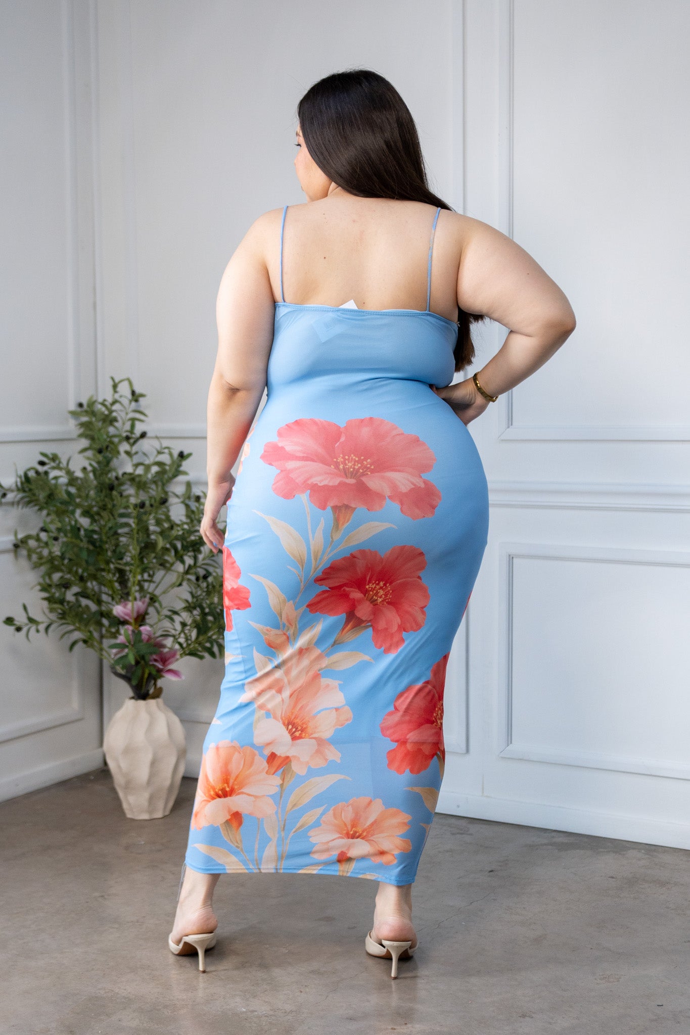 Maxi Vestido Curvy Mesh Print Floral Bodycon Azul
