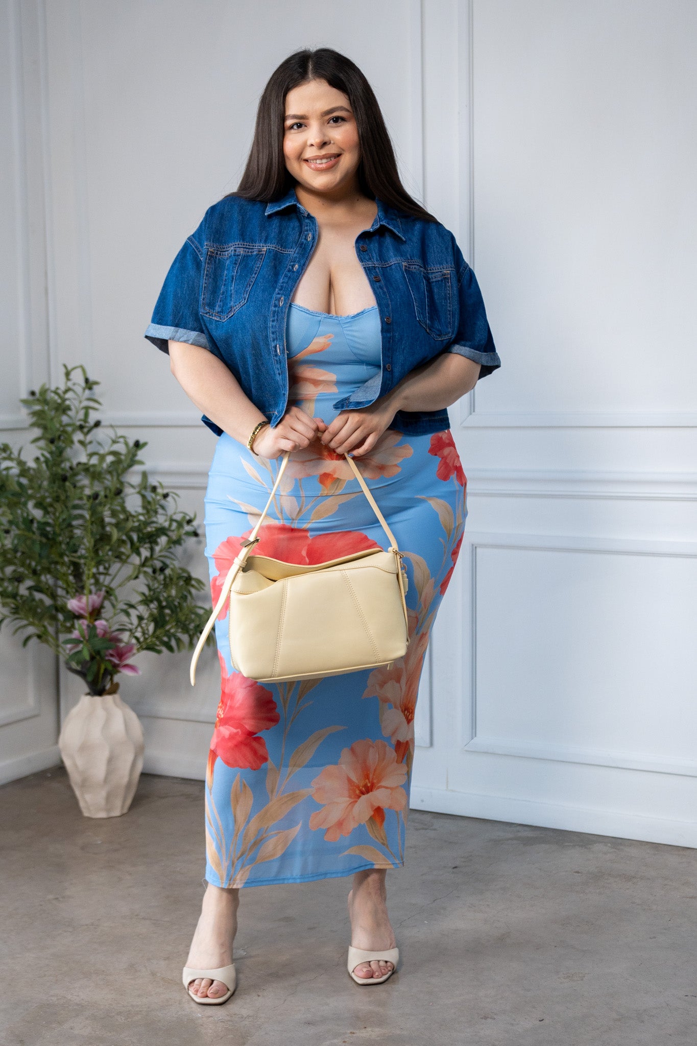 Maxi Vestido Curvy Mesh Print Floral Bodycon Azul