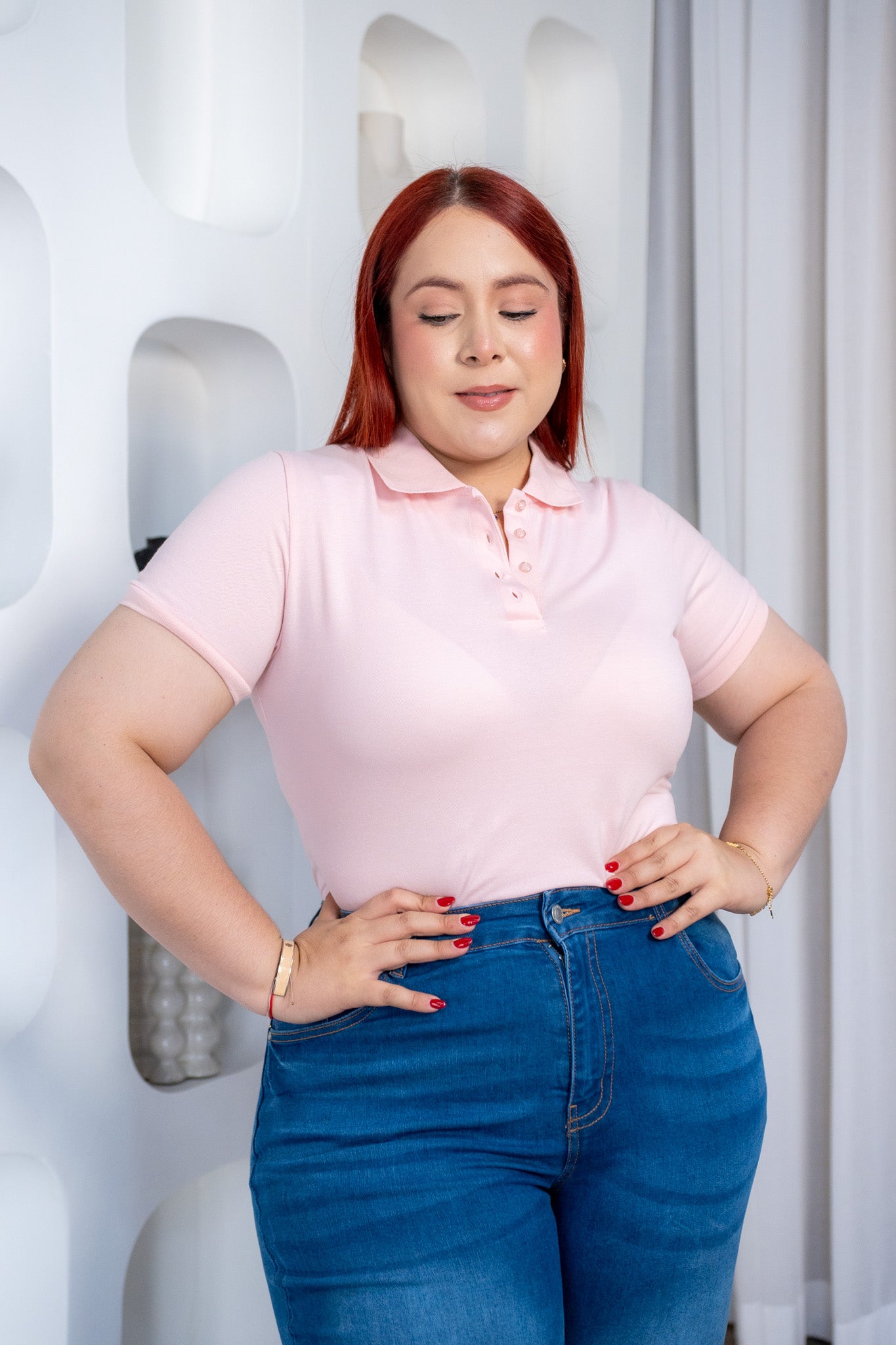 Blusa Polo Curvy Algodón Rosa Pastel Femenina