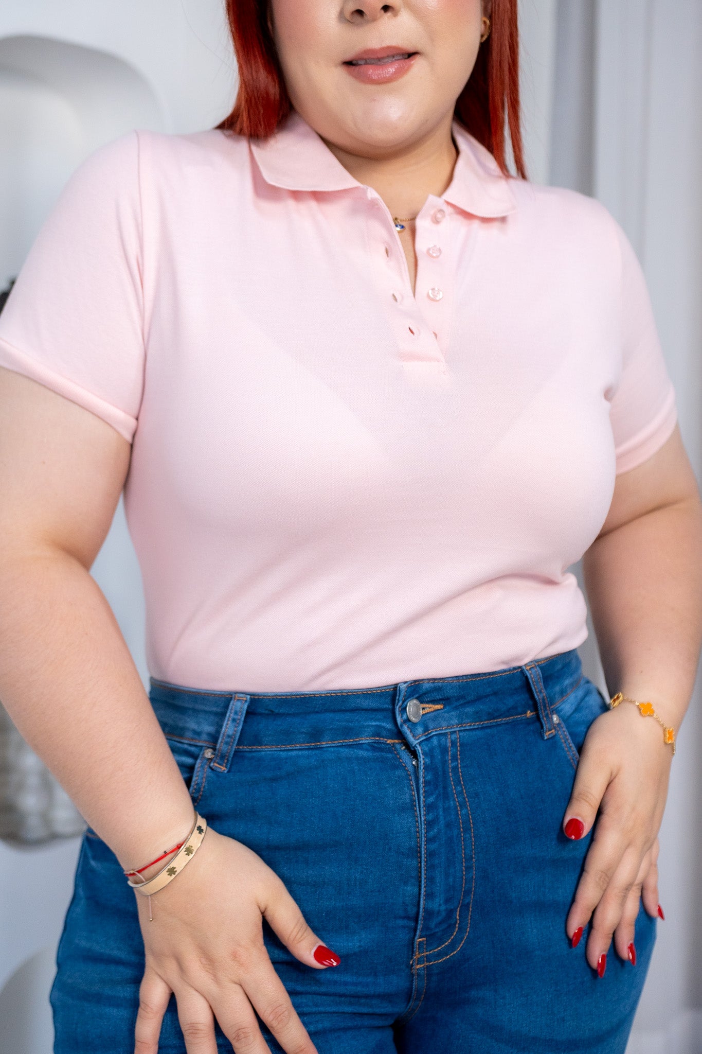 Blusa Polo Curvy Algodón Rosa Pastel Femenina