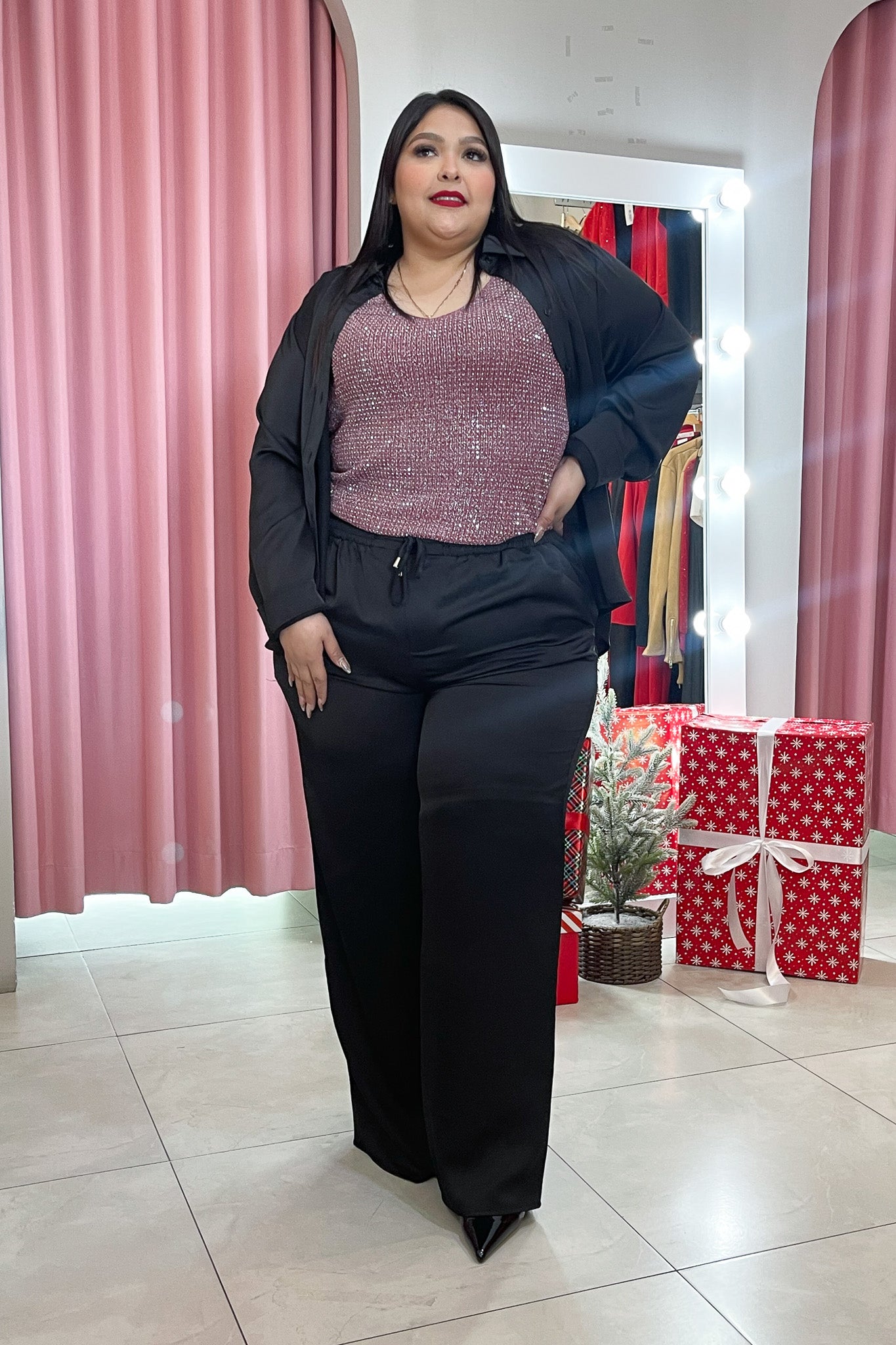 Set Curvy Pantalón Satín Brillo Sutil Elegante Eventos negro