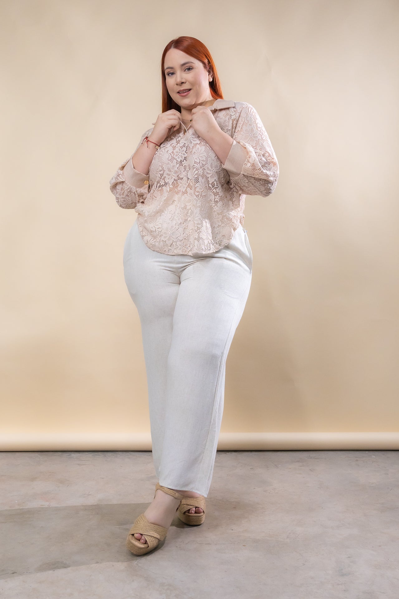 beige plain linen trousers