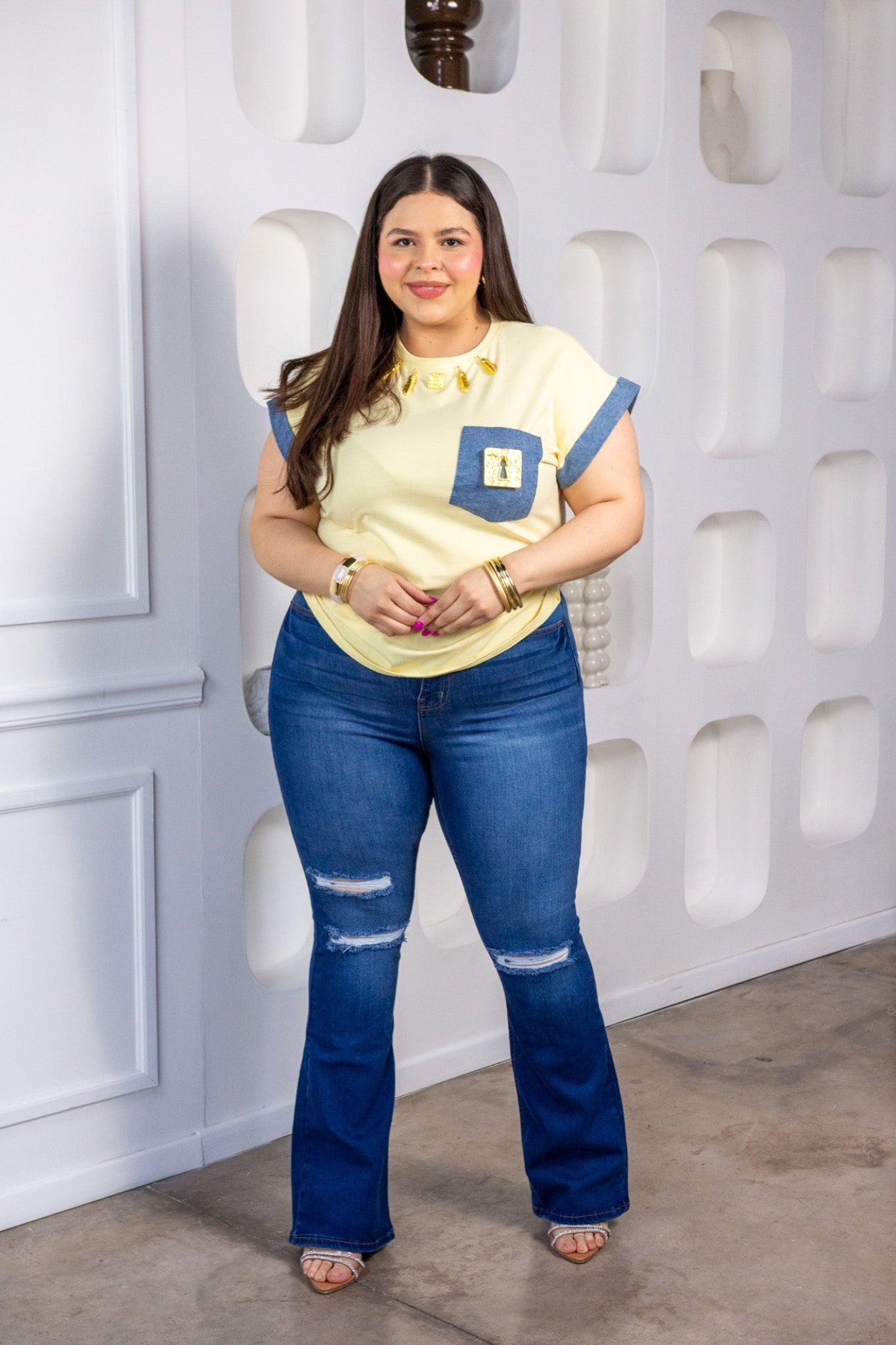Playera detalles denim amarillo - 1