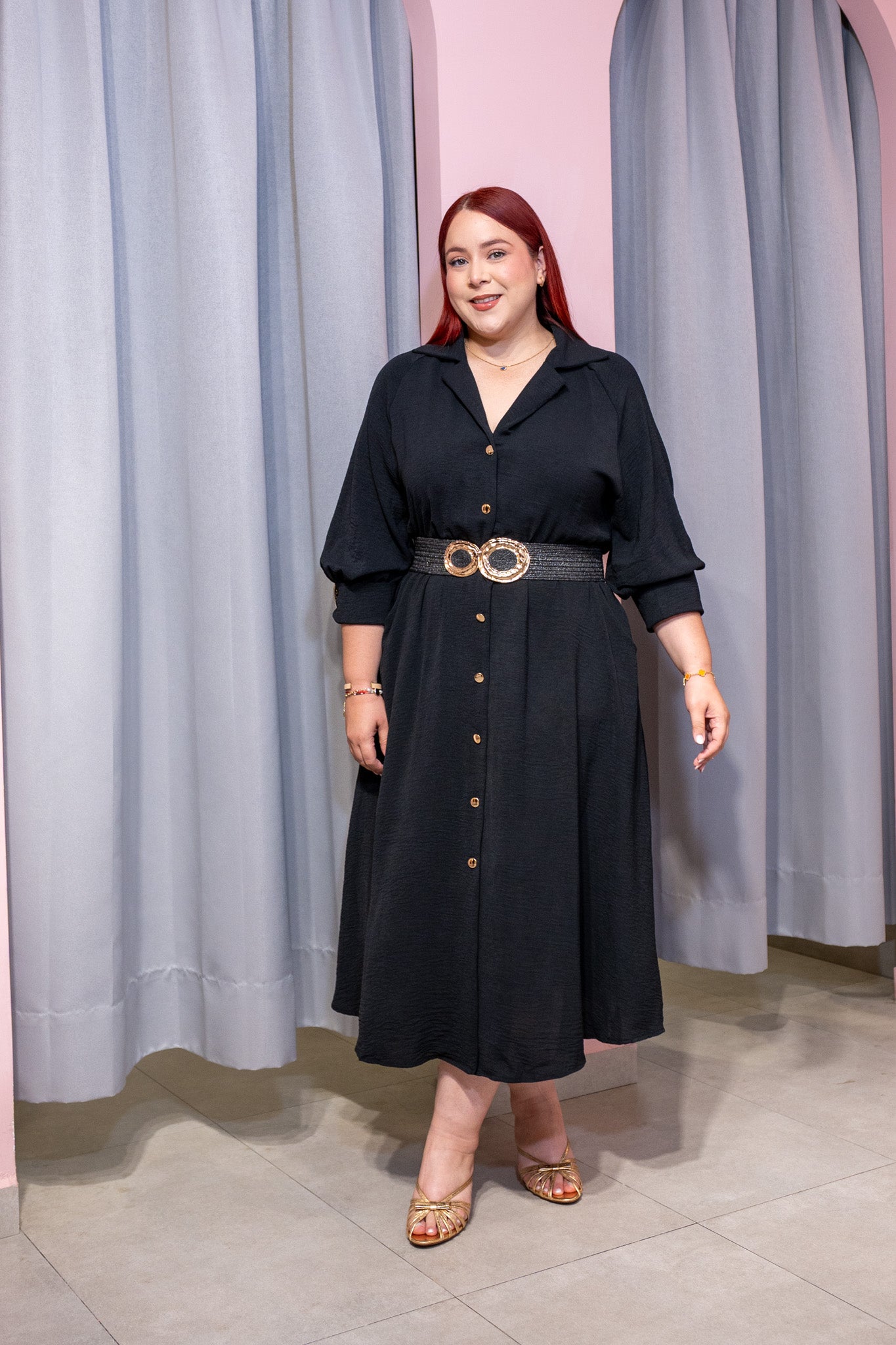 Vestido Midi Camisero Curvy Manga Abullonada Negro
