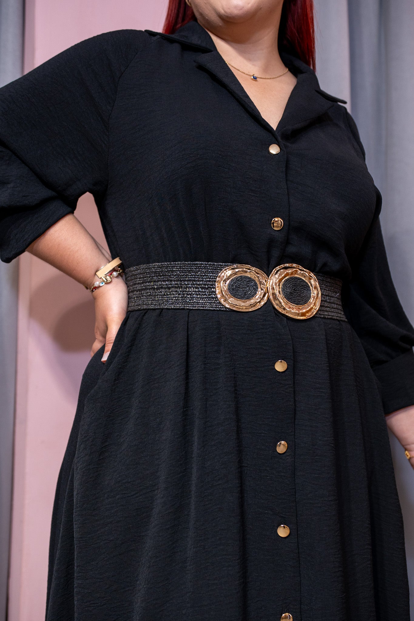 Vestido Midi Camisero Curvy Manga Abullonada Negro