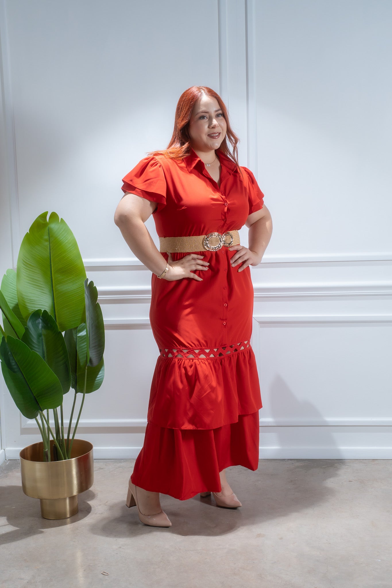 Maxi vestido c/cinto surcido rojo